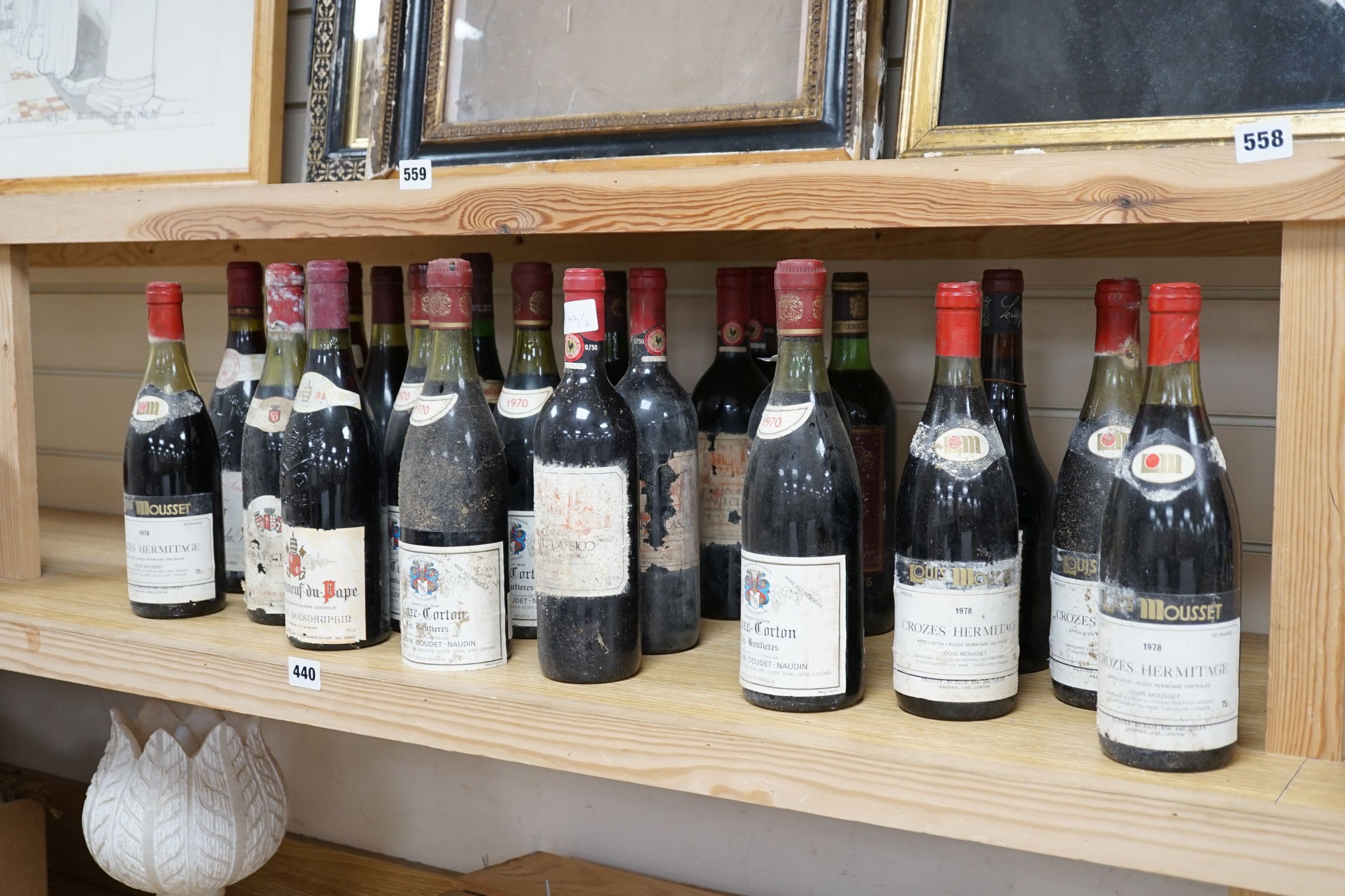 22 bottles of red wine including 2 bottles of Chateauneuf du Pape 1976, 4 bottles of Crozes Hermitage 1978 etc.